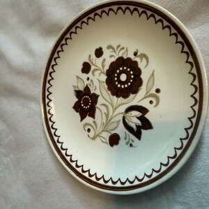 Vintage USA Brown Floral Scalloped Rim Ceramic Plate